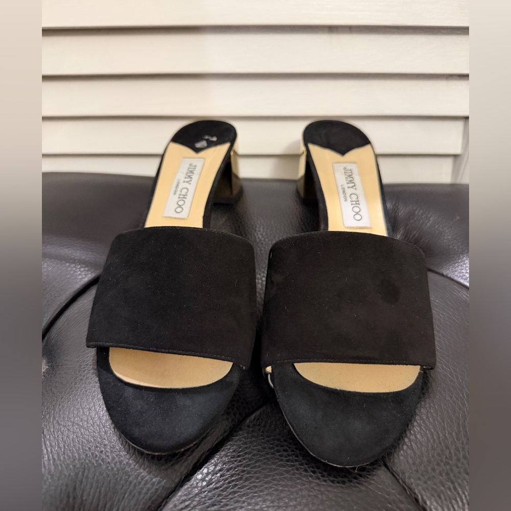 Jimmy Choo Black Suede Gold Block Heel Mules | Size EU 40 / US 9 - Picture 3 of 7